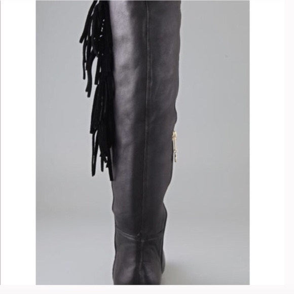 House of Harlow Black Leather Fringe Knee High Flat Footed Boots - Picture 2 of 11